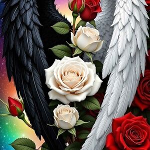 Black and White Angel Wings with Roses Art Print